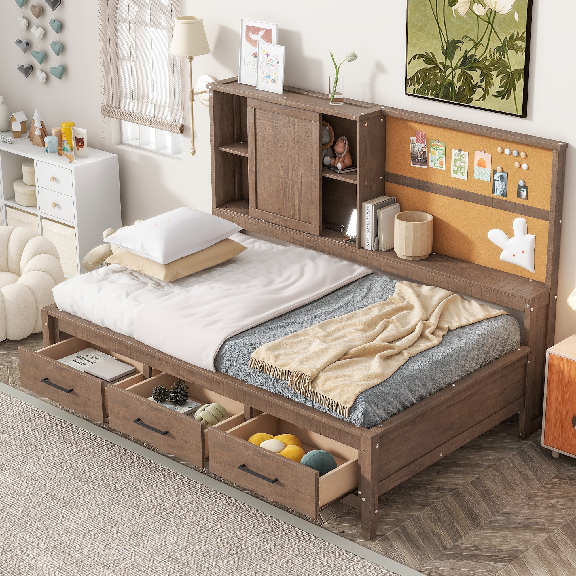 Twin Size Lounge Daybed with Storage Shelves, Cork Board, USB Ports and 3 Drawers, Antique Wood Color - Atlantic Fine Furniture Melbourne FL