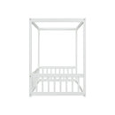 Twin Size Canopy Frame Floor Bed with Fence, Guardrails,White