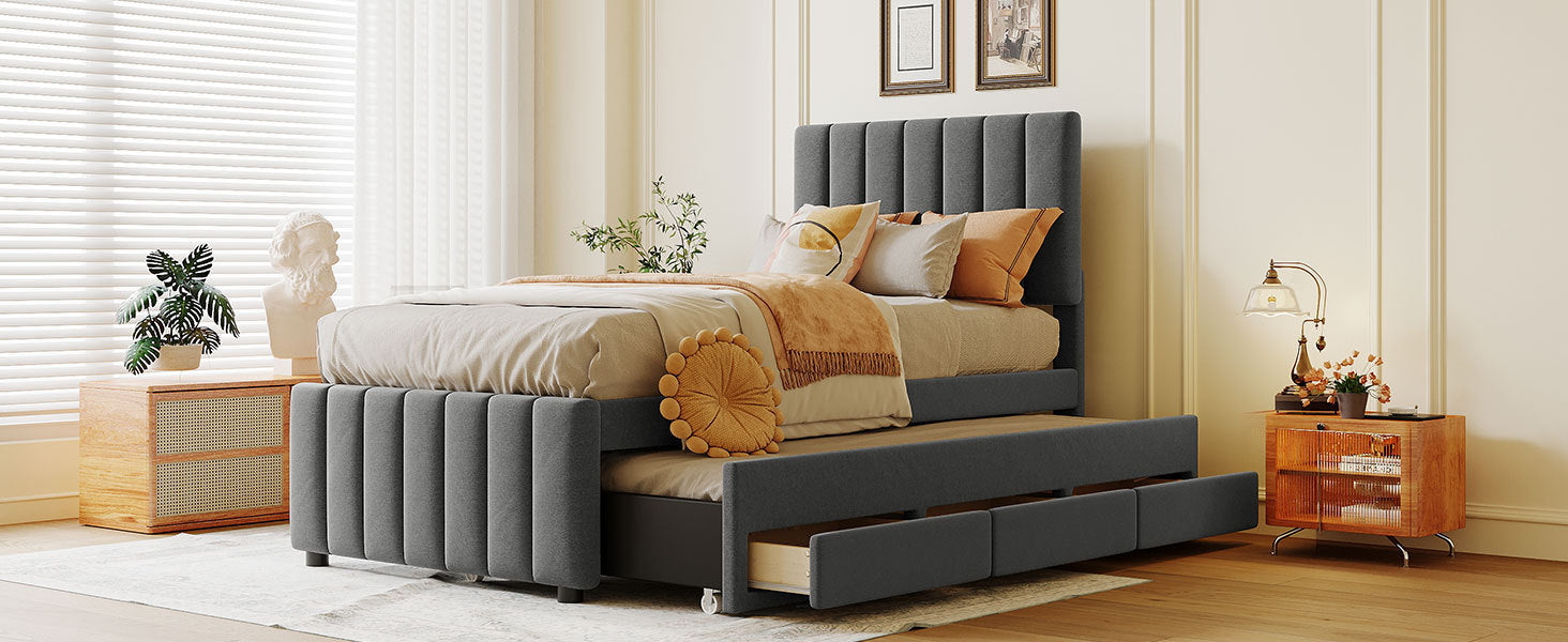 Twin Size Upholstered Platform Bed with Trundle and 3 Drawers, Linen Fabric, Gray - Atlantic Fine Furniture Melbourne FL