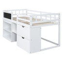 Low Loft Bed With Rolling Desk, Shelf And Drawers