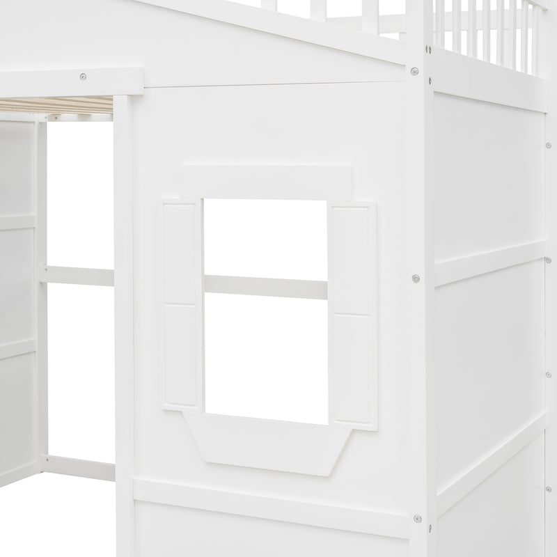 Full Size House Loft Bed With Ladder-White