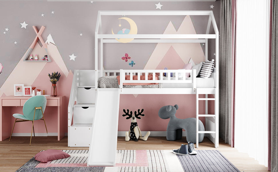 Twin Loft Bed with Two Drawers and Slide, House Bed with Slide, White (Old SKU: LP000130AAK) - Atlantic Fine Furniture Melbourne FL