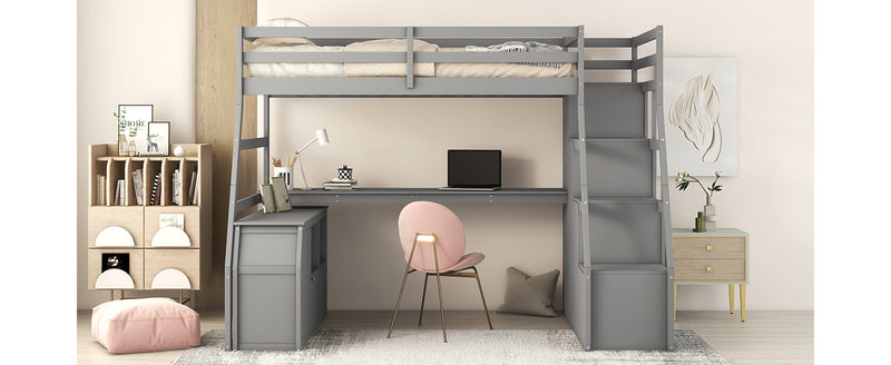Twin Size Loft Bed with 7 Drawers 2 Shelves and Desk - Gray