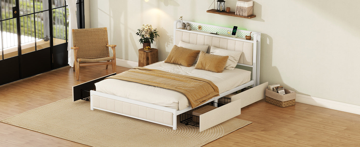 Queen Bed Frame with LED Headboard, Upholstered Bed with 4 Storage Drawers and USB Ports, Beige - Atlantic Fine Furniture Melbourne FL