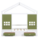 Twin Size Wood House Bed with 2 Drawers and Window Decoration, White+Olive Green