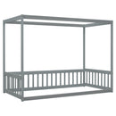 Twin Size Canopy Frame Floor Bed with Fence, Guardrails,Grey