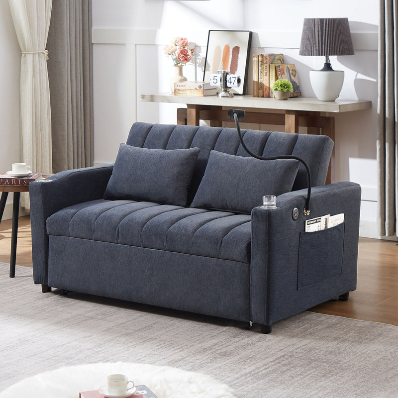 Convertible Sofa Bed Loveseat Sofa With Three USB Ports, Two Side Pockets, Two Cup Holders And 360° swivel Phone Holder For Living Room