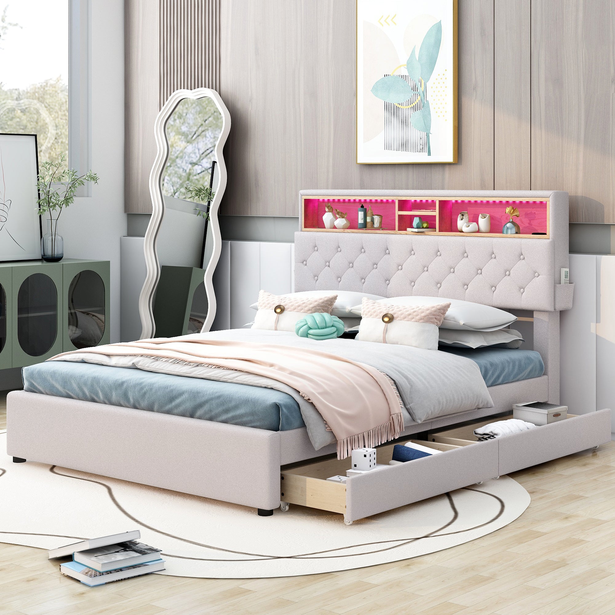 Full Size Upholstered Platform Bed with Storage Headboard, LED, USB Charging and 2 Drawers, Beige
