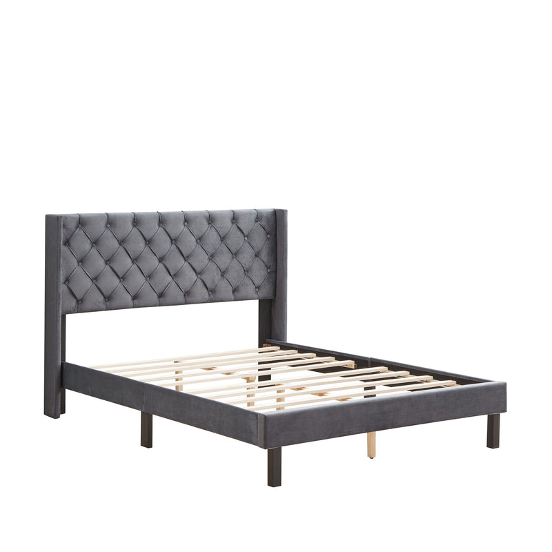 Queen Platform Tufted Upholstered Bed With Wings Design, Strong Wood Slat Support - Gray