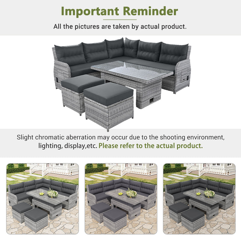 Outdoor Furniture Set Patio Rattan Furniture Set With Adjustable Table, Recliners With Extendable Side Tables And 2 Ottomans