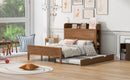 Full Size Platform Bed with Storage Headboard and Twin Size Trundle, Walnut