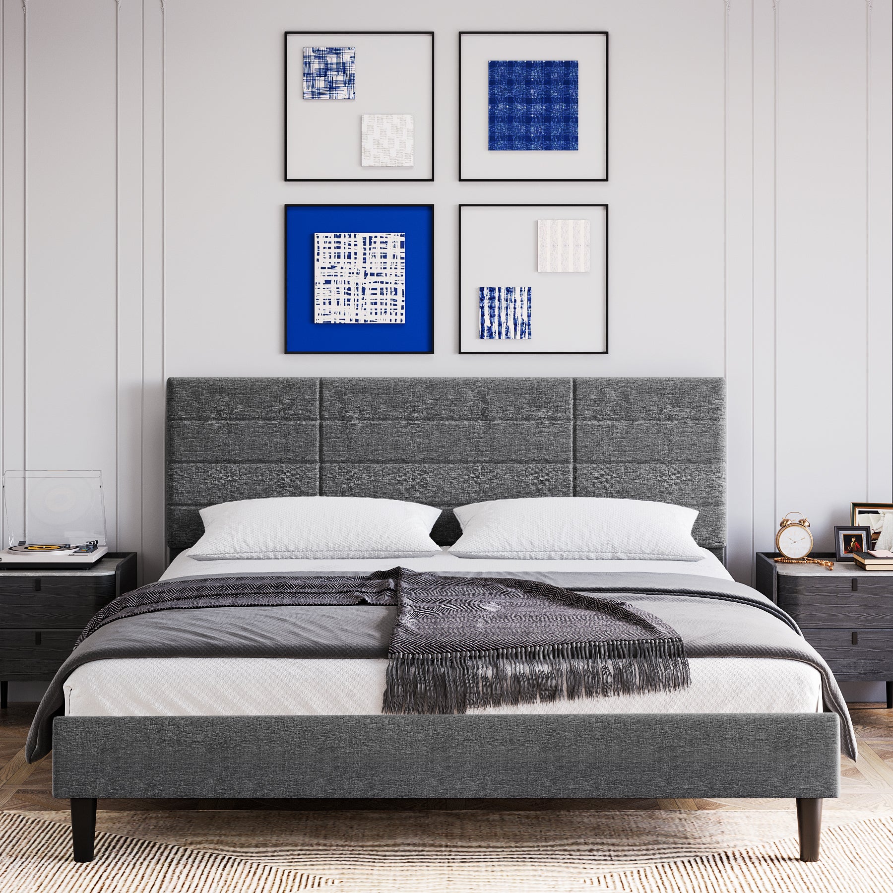 Molblly King Size Bed Frame with Upholstered Headboard, Strong Frame, and Wooden Slats Support, Non-Slip, and Noise-Free, No Box Spring Needed, Easy Assembly, Dark Grey - Atlantic Fine Furniture Melbourne FL