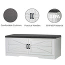 2 Tier Shoe Bench With Padded Seat, 2 Barn Doors And Adjustable Shelves, For Entryway And Living Room - White