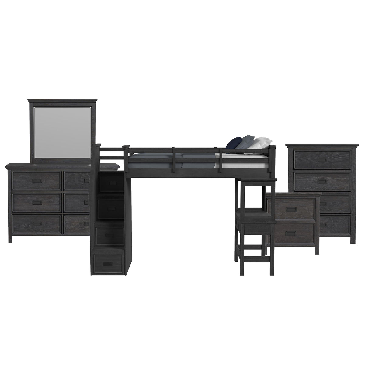 Hampton Kids Loft With Staircase And Desk With Speaker Bedroom Set in Black by Elements International, view 4