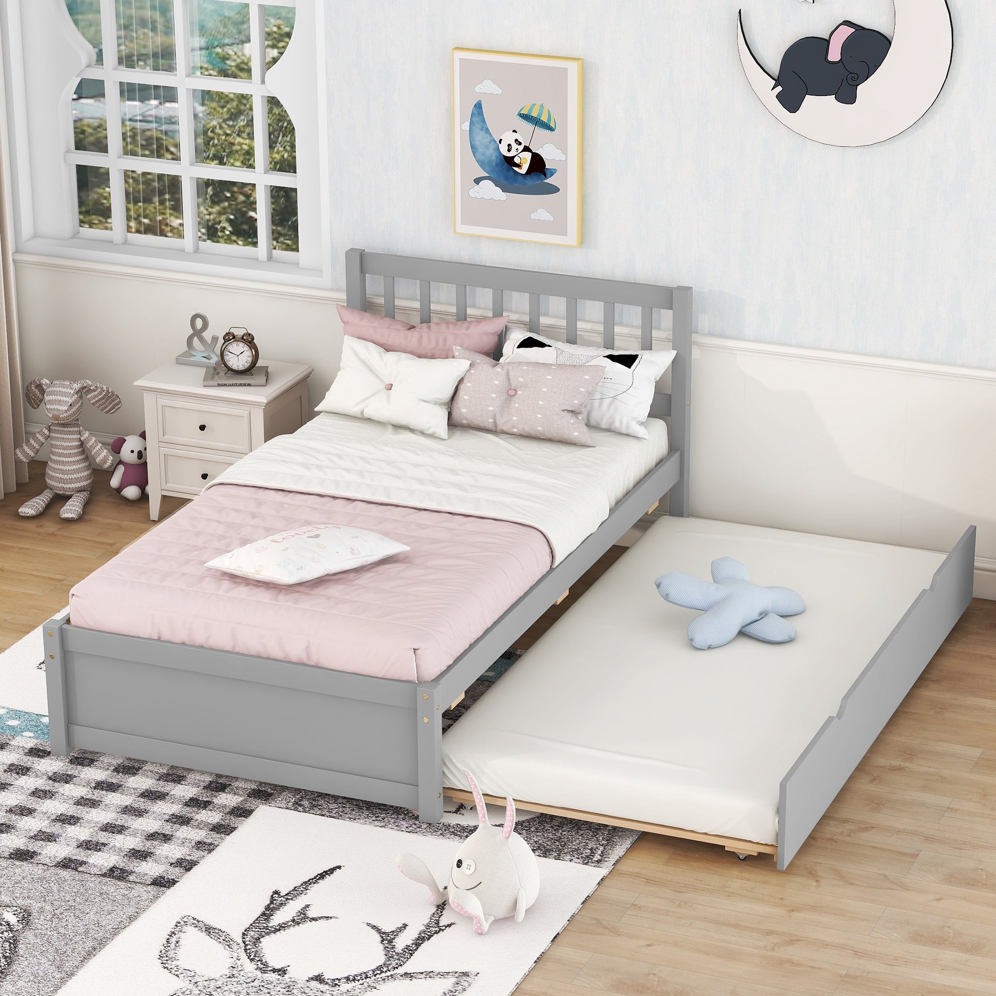 Modern Design Wooden Twin Size Platform Bed Frame with Trundle for Grey Color - Atlantic Fine Furniture Melbourne FL