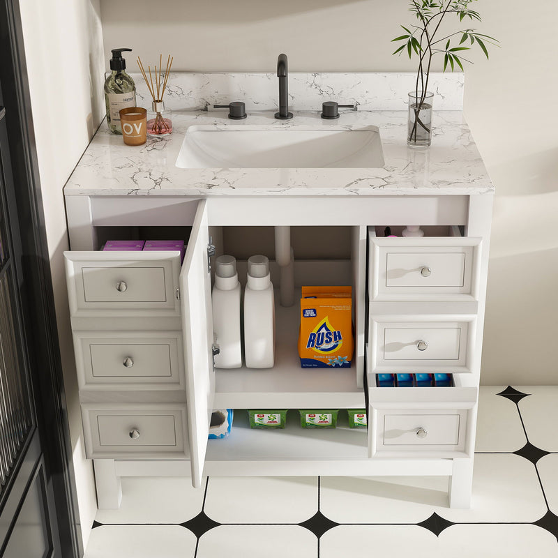 37" Bathroom Vanity With Artificial Marble Carrara Top, Multi Functional Cabinet With Doors And Drawer - White