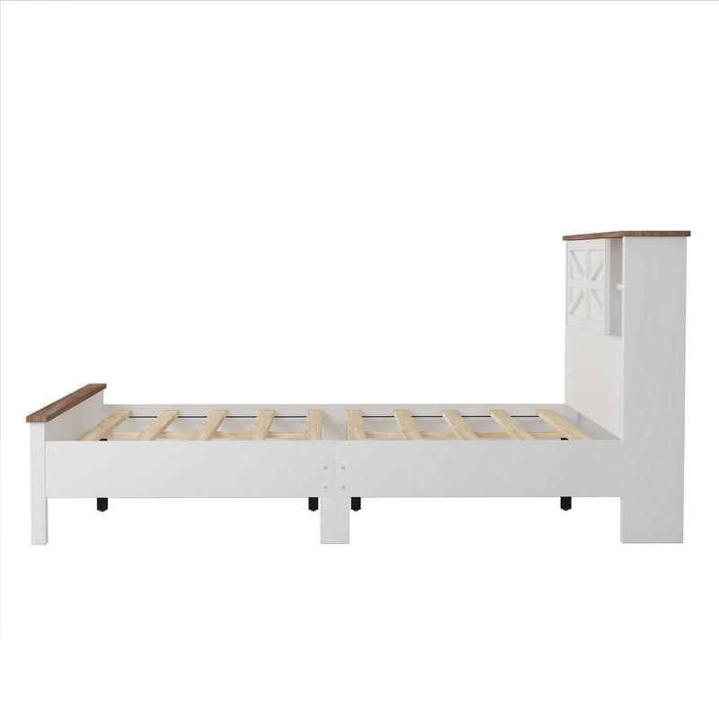 Farmhouse Platform Bed with Double Sliding Barn Door, Queen Size Rustic Wood Bed with
Charging Station, Wood Slats Support, White+Brown