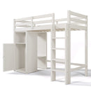 Twin Loft Bed with Wardrobe, Storage Shelves and Ladder, White
