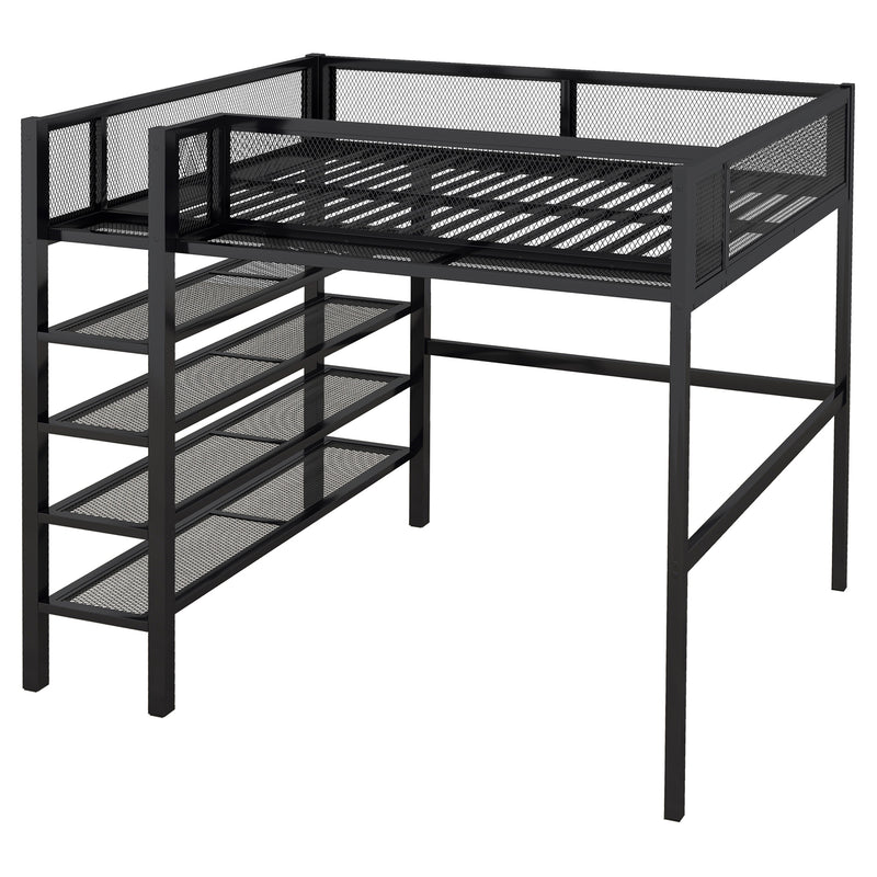 Full Size Metal Loft Bed with 4-Tier Shelves and Storage, Black