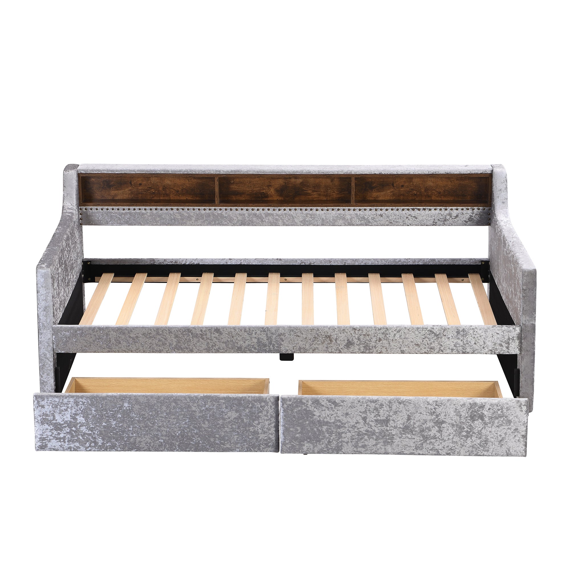 Twin Size Snowflake Velvet Daybed with Two Storage Drawers and Built-in Storage Shelves,Gray - Atlantic Fine Furniture Melbourne FL