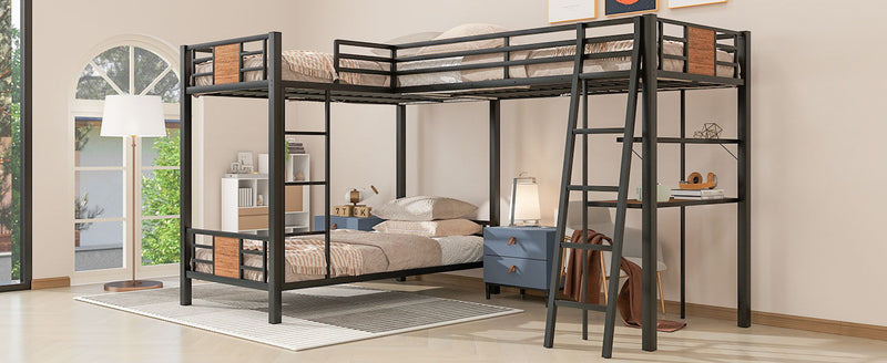 L-Shaped Twin Over Twin Bunk Bed With Twin Size Loft Bed With Desk And Shelf - Brown
