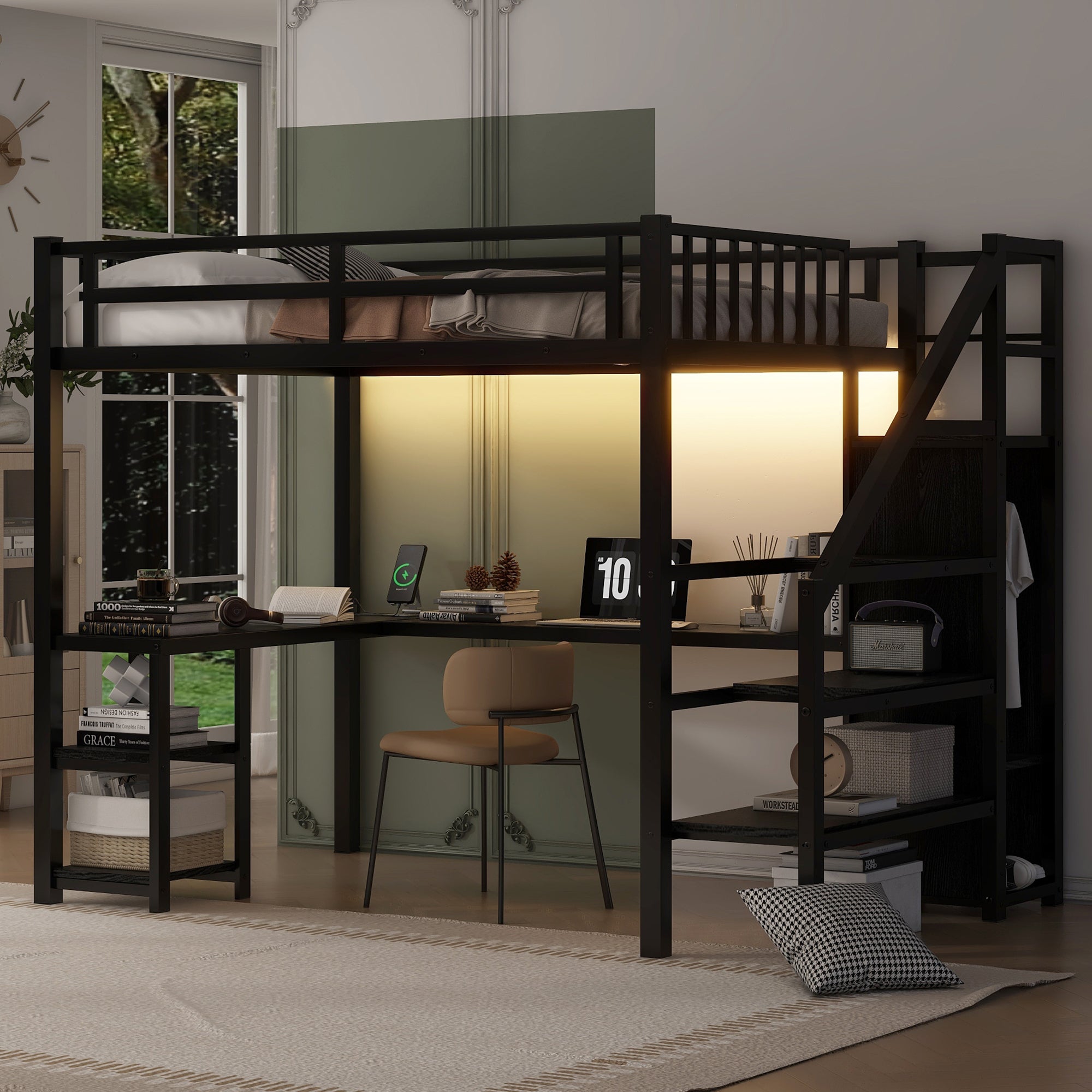 Metal Full Loft Bed with Wardrobe and LED Light, Full Size Loft Bed with L Shaped Desk and USB for Kids Teens Adults, Black (Expect arrival date 2024/5/19)