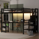 Metal Full Loft Bed with Wardrobe and LED Light, Full Size Loft Bed with L Shaped Desk and USB for Kids Teens Adults, Black (Expect arrival date 2024/5/19)
