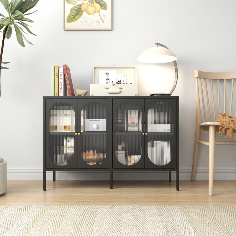 Modern Metal Sideboard Cabinet With 4 Glass Doors, Steel Kitchen Storage And Coffee Bar Cabinet - Black
