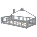 House-Shaped Bedside Floor Bed With Guardrails, Slats, With Door