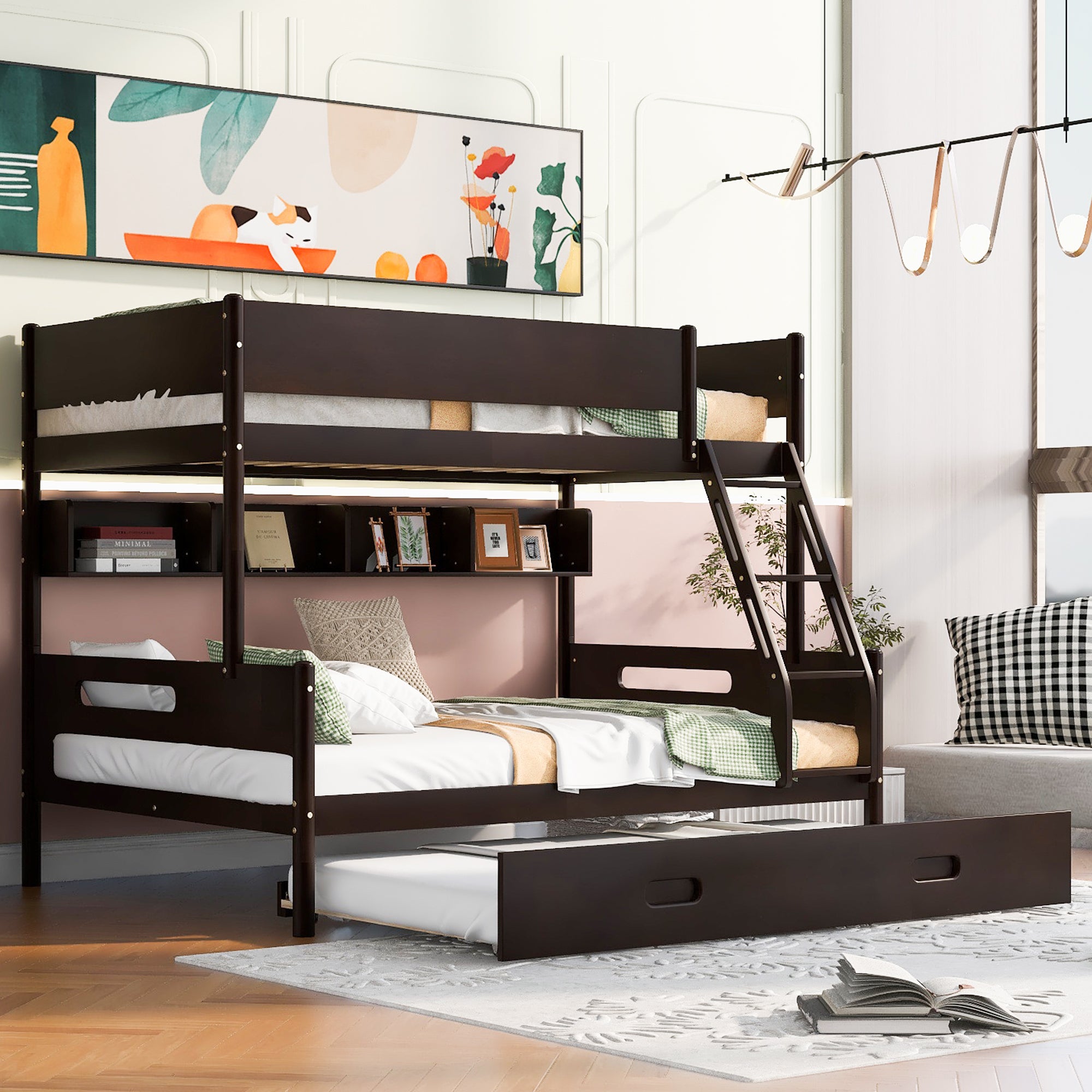 Wood Twin over Full Bunk Bed with Storage Shelves and Twin Size Trundle, Espresso - Atlantic Fine Furniture Melbourne FL