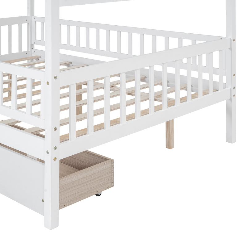 Full Size Wooden House Bed with Two Drawers, White