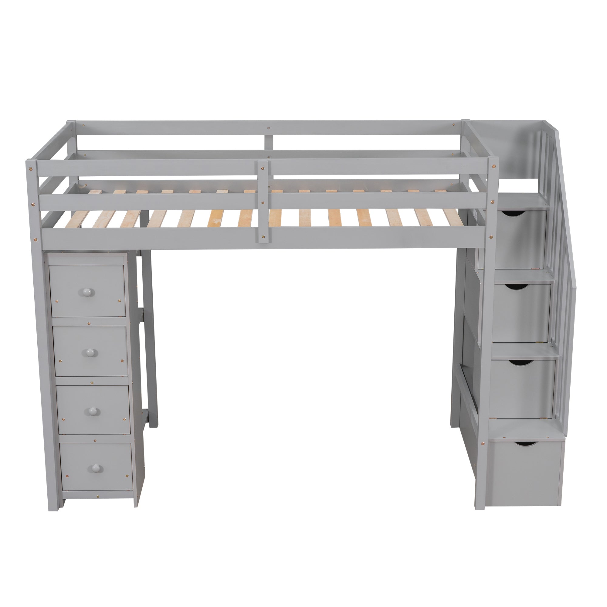 Twin size Loft Bed with Storage Drawers and Stairs, Wooden Loft Bed with Shelves - Gray - Atlantic Fine Furniture Melbourne FL