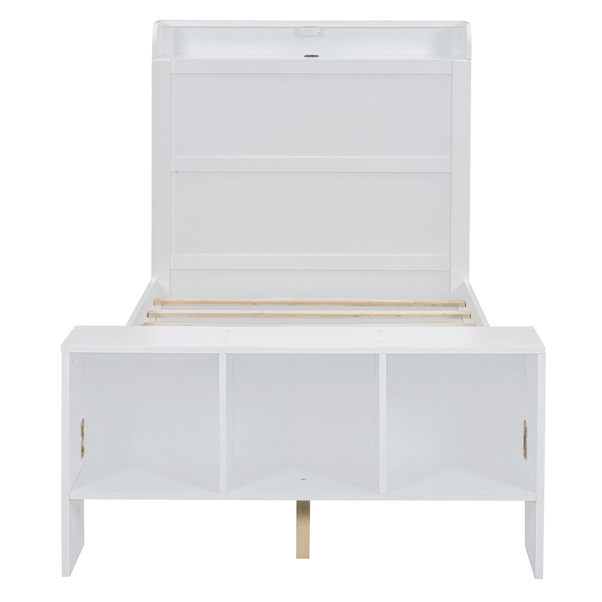 Twin Size Platform Bed with built-in shelves, LED Light and USB ports, White