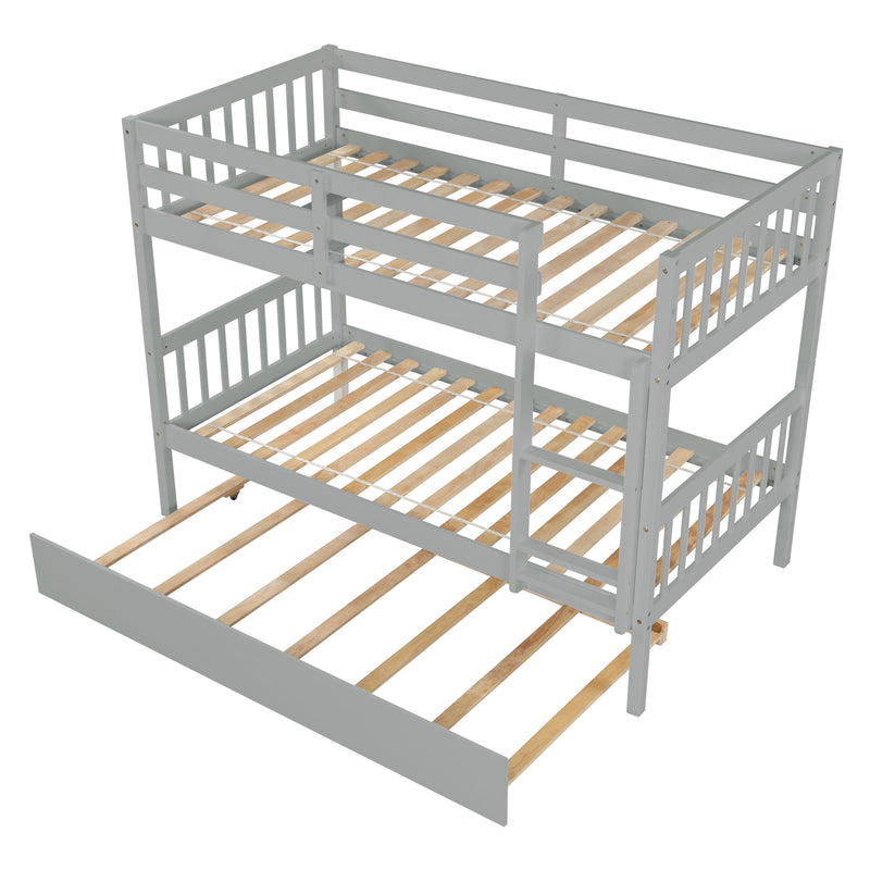 Twin Over Twin Bunk Beds With Trundle, Solid Wood Trundle Bed Frame With Safety Rail And Ladder, Kids / Teens Bedroom, Guest Room Furniture, Can Be Converted Into 2 Beds - Gray