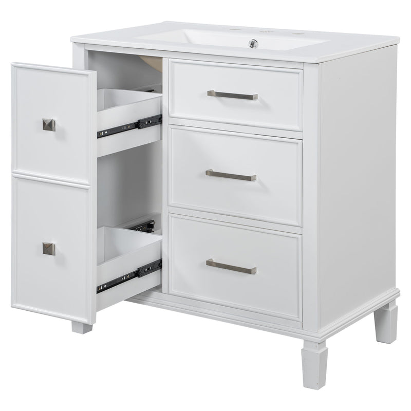 Bathroom Vanity With Ceramic Sink, Flip Out Drawer Design For Plumbing, Soft Close Drawers