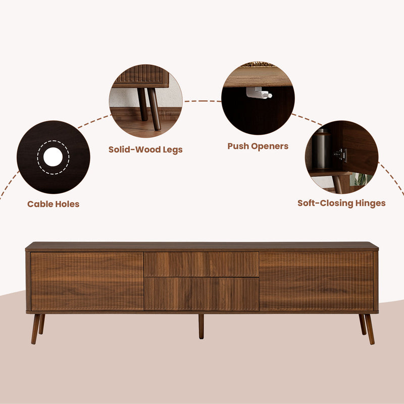 Fluted TV Stand With Storage Drawers And Cabinets For TVs Up To 80", Soft-Close Hinges, Cable Management - Walnut