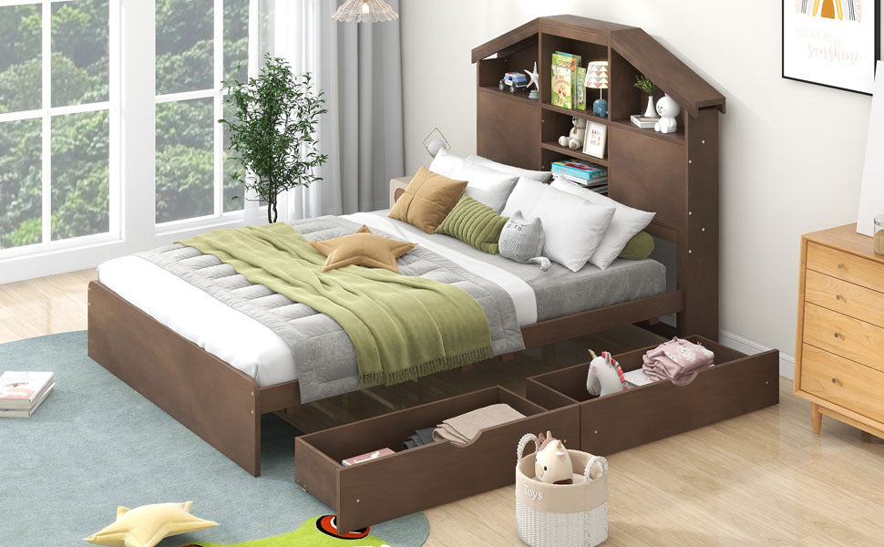 Full Size Wood Platform Bed with House-shaped Storage Headboard and 2 Drawers, Walnut - Atlantic Fine Furniture Melbourne FL