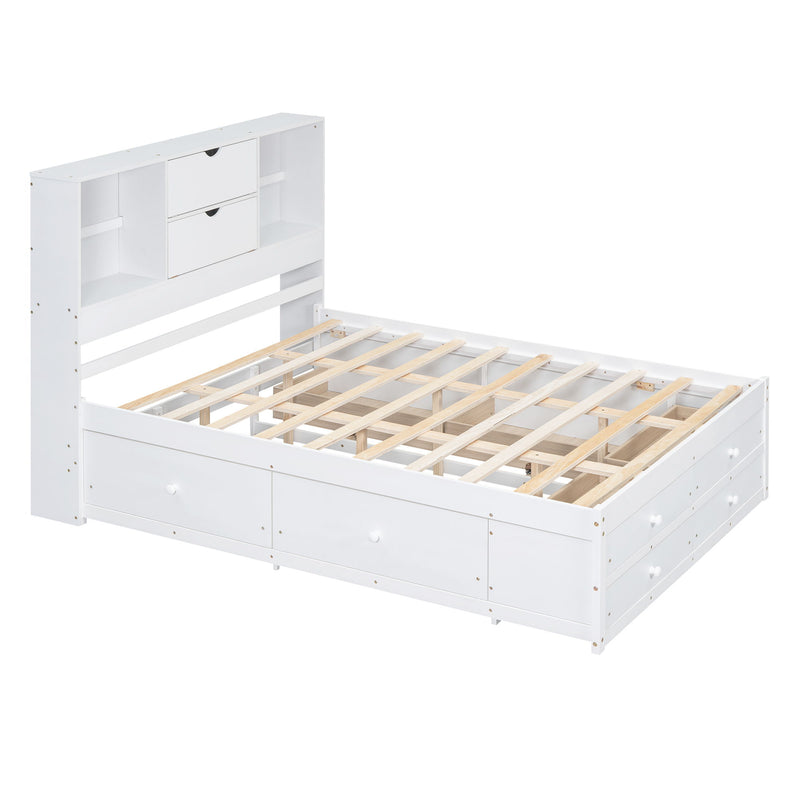 Queen Size Platform Bed With Storage Headboard And 8 Drawers - Gray