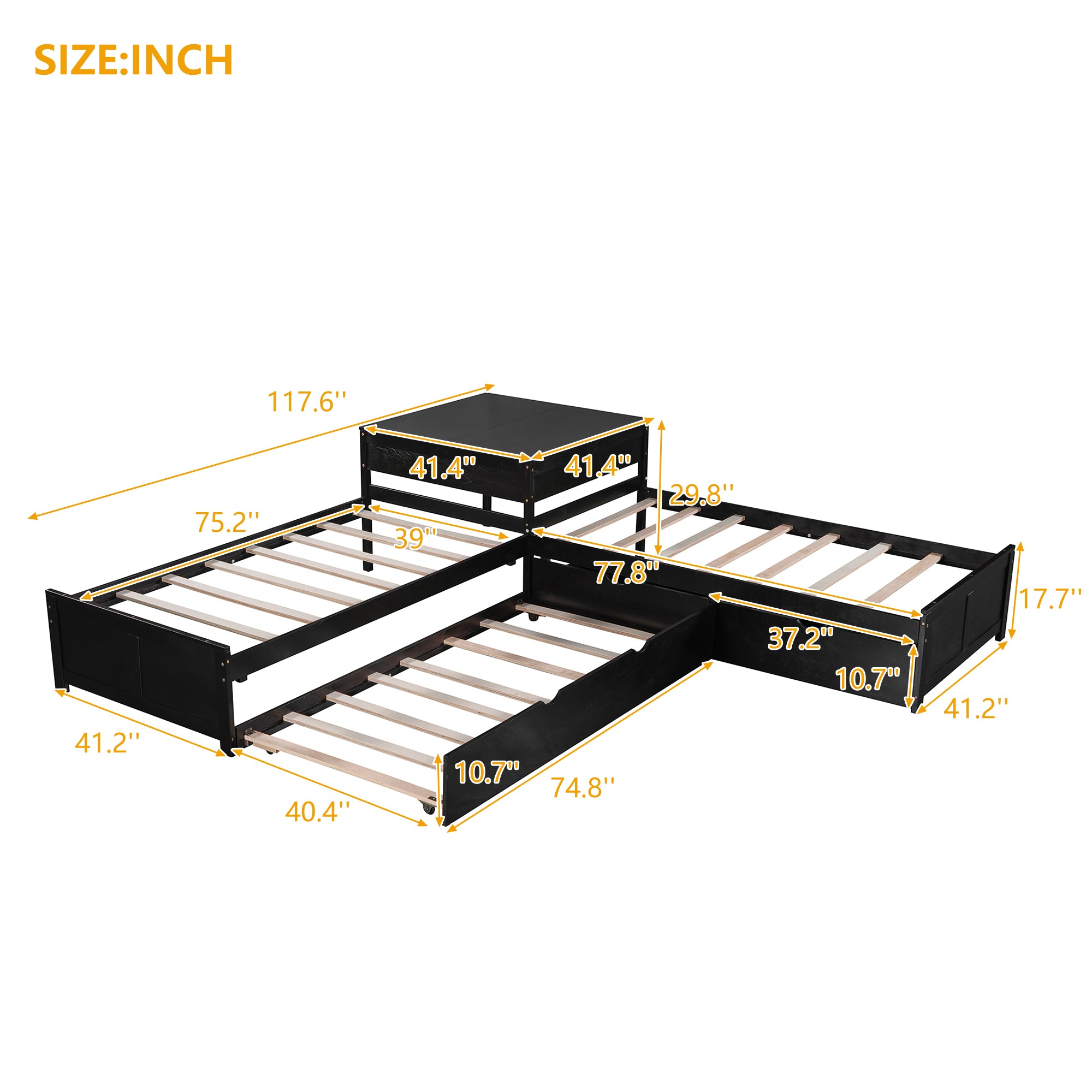 L-shaped Platform Bed with Trundle and Drawers Linked with built-in Desk,Twin,Espresso - Atlantic Fine Furniture Melbourne FL