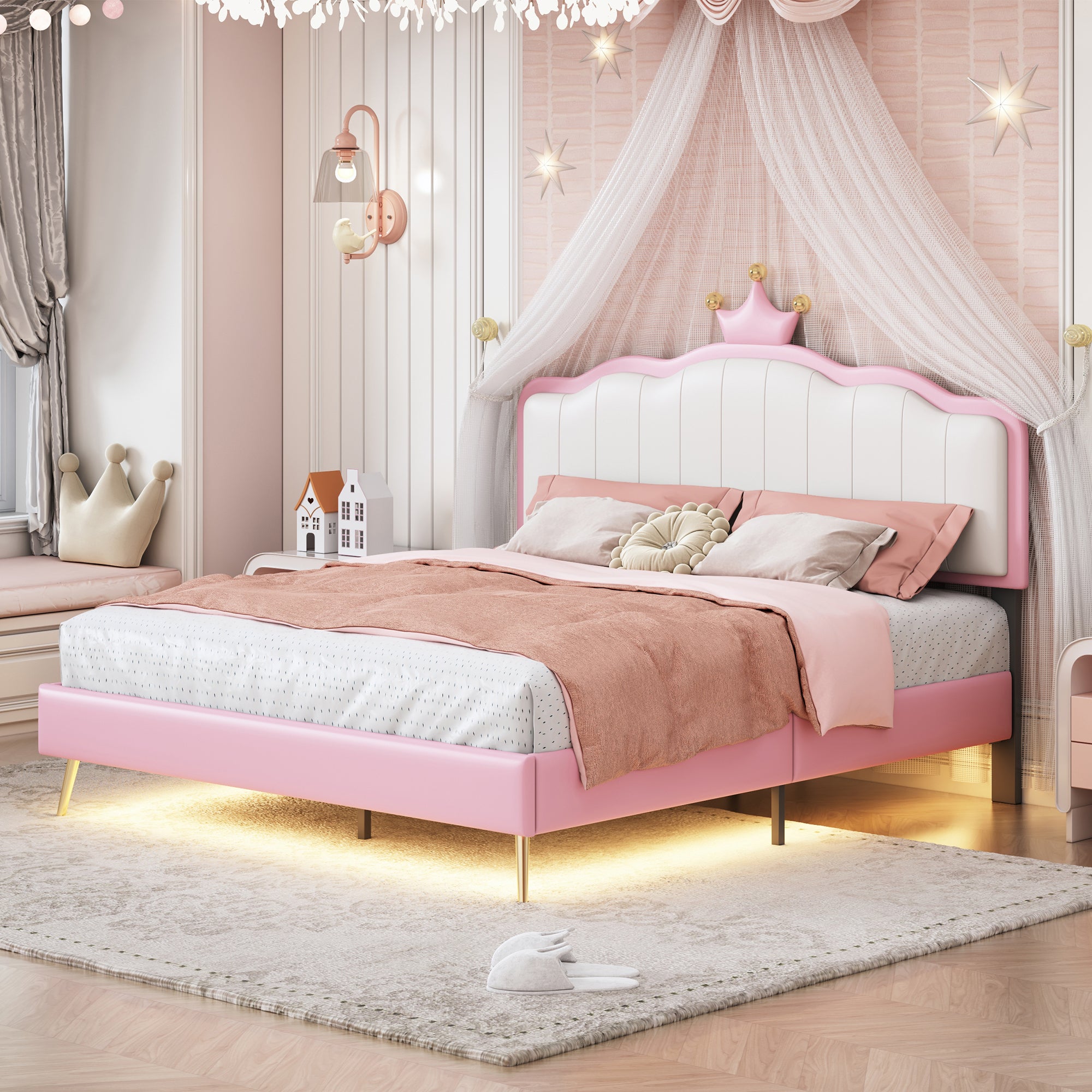Full size Upholstered Princess Bed With Crown Headboard,Full Size Platform Bed with Headboard and Footboard with Light Strips,Golden Metal Legs, White+Pink - Atlantic Fine Furniture Melbourne FL