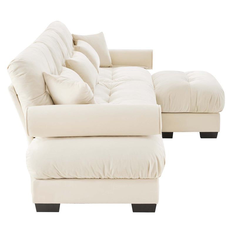 Modern Sectional Sofa With Ottoman, Round Bolster Armrests, Waist And Throw Pillows