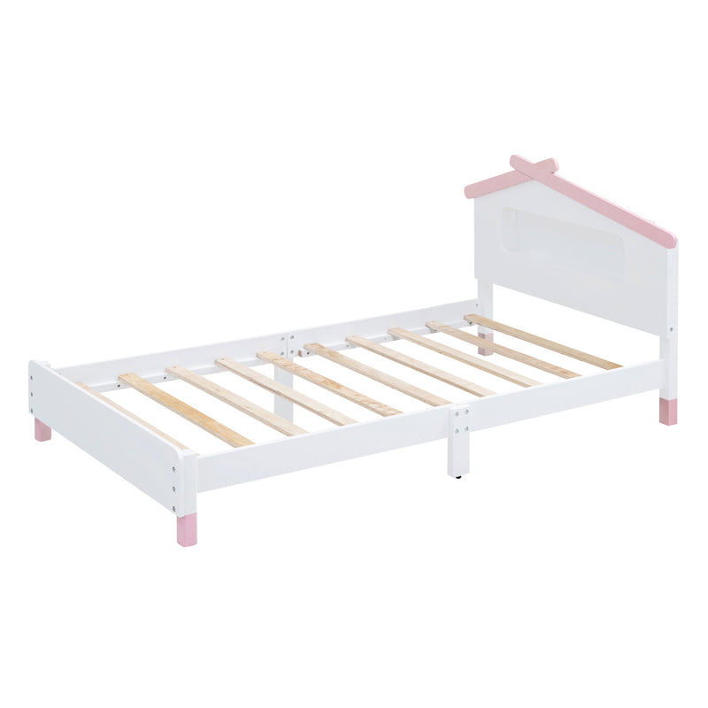 Twin Size Wood Platform Bed with House-shaped Headboard and Motion Activated Night Lights (White+Pink)