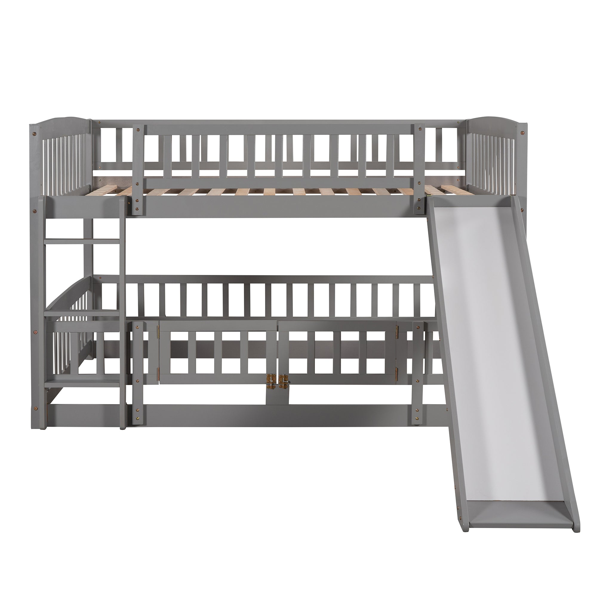 Bunk Bed with Slide,Full Over Full Low Bunk Bed with Fence and Ladder for Toddler Kids Teens Gray - Atlantic Fine Furniture Melbourne FL