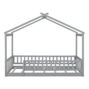 Twin Size Wood Bed House Bed Frame with Fence, for Kids, Teens, Girls, Boys, Gray