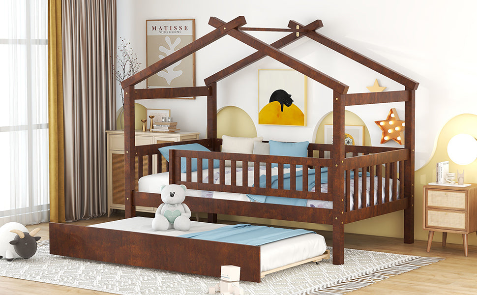 Twin Size Wooden House Bed with Twin Size Trundle, Walnut - Atlantic Fine Furniture Melbourne FL