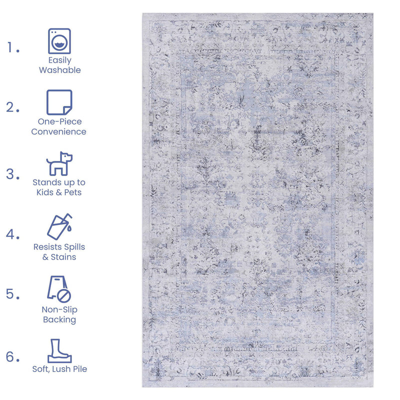 Maval - 8' X 10' Washable Area Rug - Blue / Cream