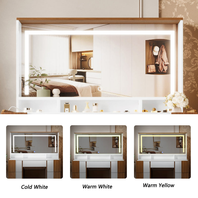 Elegant Vanity Table With Large Lighted Mirror & Power Outlet, Dressing Table With 7 Drawers & Shelves, Vanity Desk With Brown Solid Wood Style Stickers - Brown / White