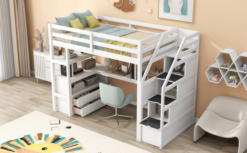 Twin Size Loft Bed with Desk and Shelves, Two Built-in Drawers, Storage Staircase, White