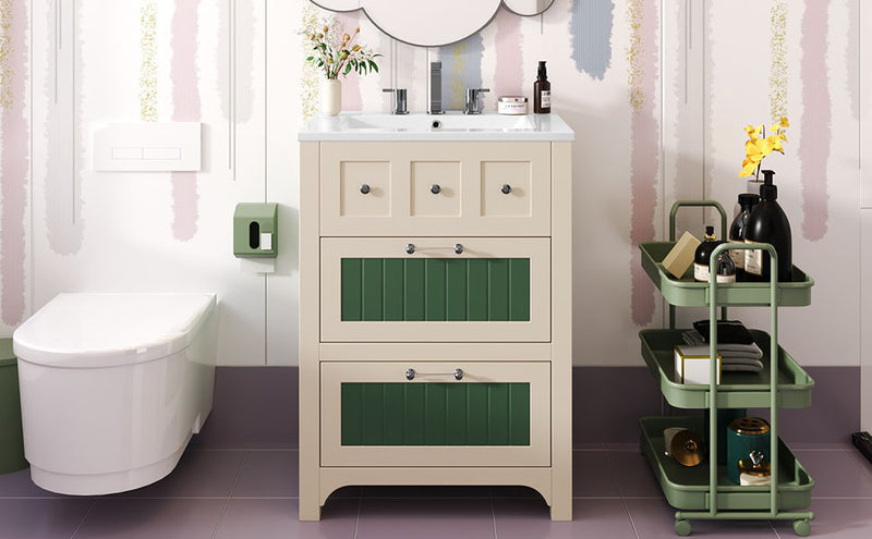 Bathroom Vanity With Ceramic Sink, Bathroom Vanity Cabinet With 2 Drawers, Wooden Bathroom Sink Cabinet - Beige / Green