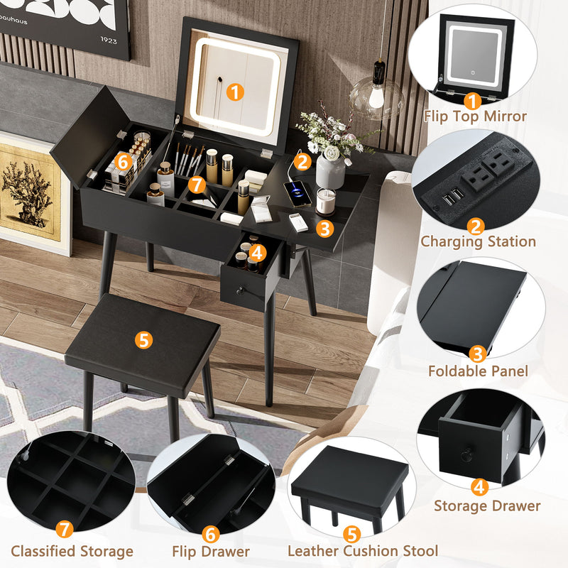Makeup Vanity Desk With Flip Top Mirror And LED Light, Dressing Table With Charging Station, 2 Drawers And Fold Up Panel, Vanity Set With Cushioned Stool For Bedroom - Black
